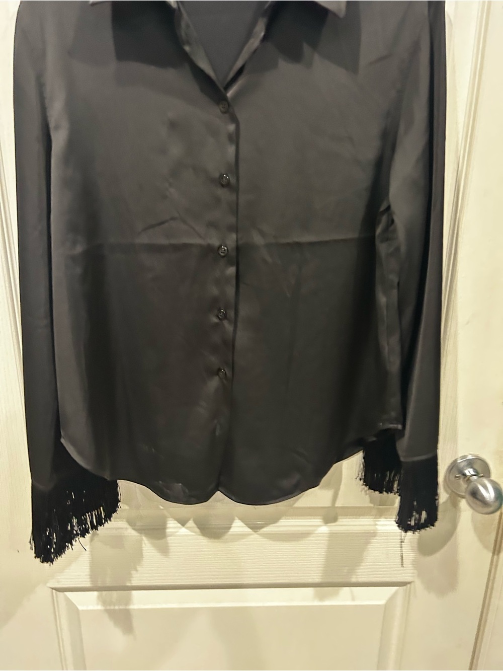 RACHEL ZOE Women Small Black Fringe Hem Button-Up Shirt